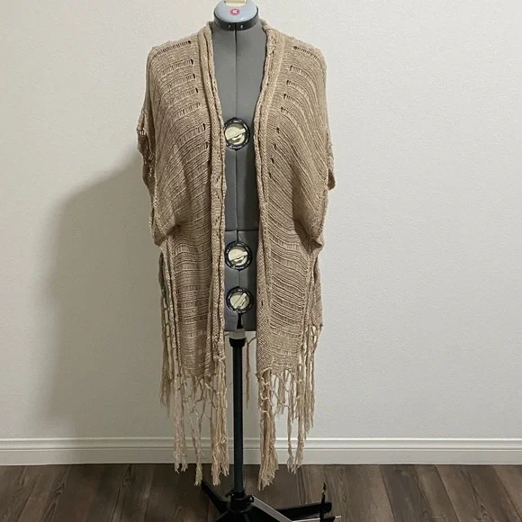 Boho Festival Knit Long Duster Fringe Cardigan Tan Brown - Picture 1 of 4